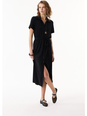 MUDO Uzun Gömlek Yaka Kloş Elbise