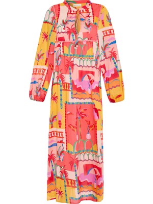 MUDO Marin Baskılı Yaka Detaylı Kloş Midi Elbise