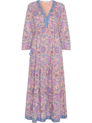 Etnik Baskılı V Yaka Kloş Midi Elbise