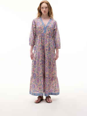 Etnik Baskılı V Yaka Kloş Midi Elbise