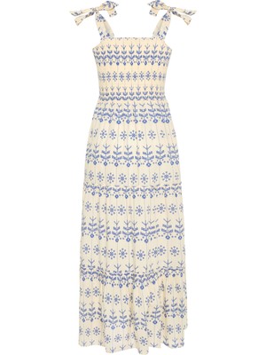 Etnik Baskılı Askılı Kloş Uzun Elbise