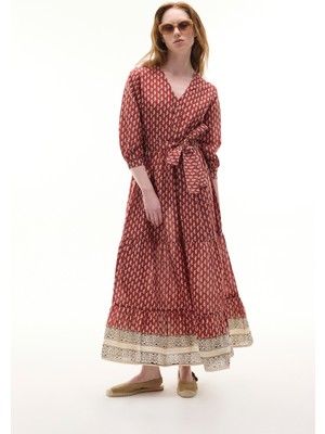 MUDO Etnik Baskılı Kemer Detaylı Kloş Uzun Elbise