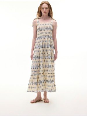 MUDO Etnik Baskılı Askılı Kloş Uzun Elbise