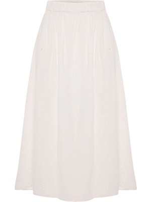 Beli Lastikli Nakışlı Kloş Midi Etek