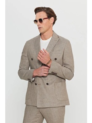 Altınyıldız Classics Erkek Vizon Yünlü Slim Fit Dar Kesim Kırlangıç Yaka Desenli Torba Cepli Kruvaze Takım Elbise