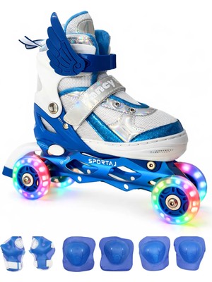 Melek Kanatlı Işıklı Çocuk Pateni ve Dizlik Seti Silikon Teker Ayarlanabilir Paten Çantalı Mavi