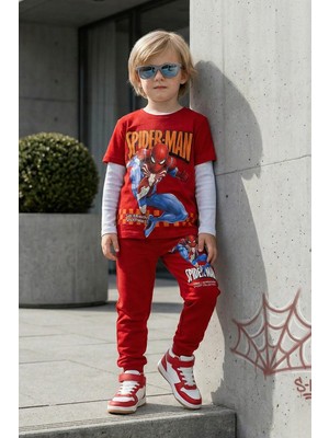 Zekalya Erkek Çocuk Spiderman Baskılı Süprem Penye Üst ve 2 Iplik Alt Takım Kırmızı