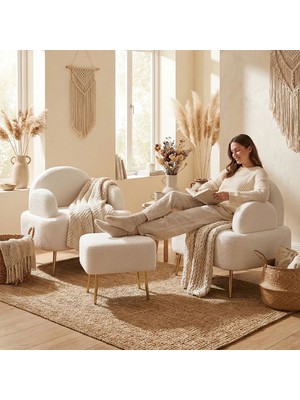 Zem Petra Çay Seti, Kırık Beyaz (2 ADET TEKLİ BERJER 1 ADET PUF)