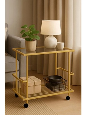 Dekopratik Fuji Yan Sehpa - Tekerlekli Gold Metal Gövdeli Füme Cam Üst Tablalı Yan Sehpa - Servis Sehpası
