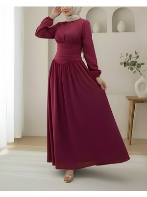 Modamorfo Önü Büzgülü Kolu Lastikli Fermuarlı Poplin Elbise -Bordo