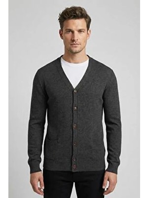 Sabri Özel Giotelli Siyah Regular Fit Yünlü V Yaka Düğmeli Triko Hırka