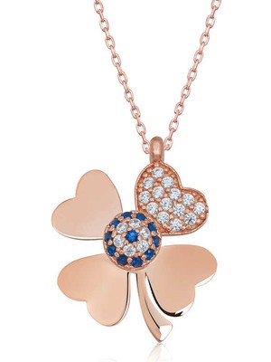 Diger KENPAZAR925 Ayar Gümüş Rose Nazarlı Dört Yapraklı Yonca Kadın Gümüş Kolye