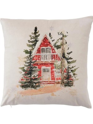 Decocenter Noel Evi Temalı Krem Kadife Yılbaşı Kırlent