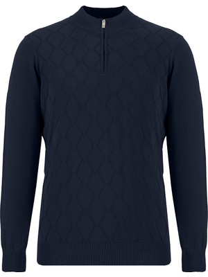 Abdullah Kiğılı Yarım Balıkçı Yaka Regular Fit Fermuarlı Desenli Pamuklu Kaşmirli Triko Kazak