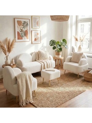 Zem Petra Çay Seti, Kırık Beyaz (2 ADET TEKLİ BERJER 1 ADET IKİLİ BERJER 1 ADET PUF)