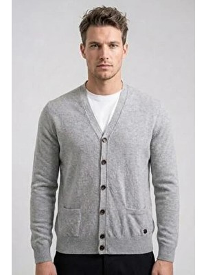 Sabri Özel Giotelli Gri Regular Fit Yünlü V Yaka Düğmeli Triko Hırka