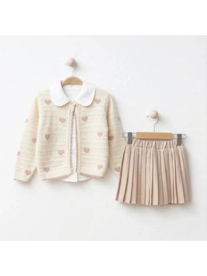 Lumia Kız Çocuk Bayramlık Piliseli Etekli Takım Bebe Yaka Gömlek Triko Hırka 3 Parça Şık Takım 2-5 Yaş