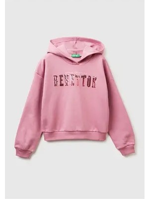 United Colors Of Benetton Kız Çocuk Gül Kurusu Payet Işlemeli Nervürlü Regular Fit Kapüşonlu Şardonlu Sweatshirt