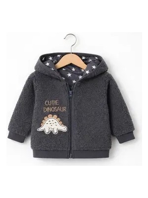 For My Baby Peluş Desenli Wellsoft Hırka Uzun Kol Regular Kalıp Siyah Renkli