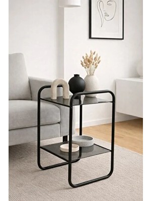 Dekopratik Odessa Iki Raflı Yan Sehpa - Siyah Metal Modern Füme Camlı Yan Sehpa