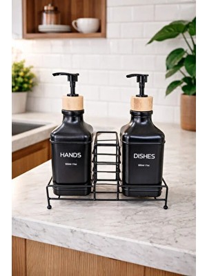 Makri Home Stantlı Bambu Kapaklı Ikili Cam Sıvı Sabunluk & Deterjanlık Seti – 2×500 Ml, 22,5 × 8,5 × 24 cm