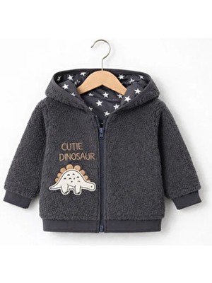 Siyah For My Baby Wellsoft Hırka Peluş Uzun Kol Kapüşonlu Düz Hayvan Desenli