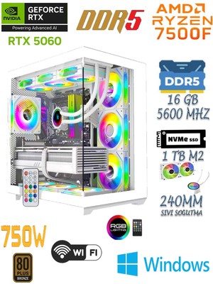 Apphirex Prime 75W Ryzen 5 7500F | 16GB Ddr5 | 1tb M2 SSD | RTX5060 Beyaz Sıvı Soğutmalı Masaüstü Oyuncu Bilgisayar