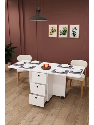 Asra Trend Lüks Katlanır Mutfak Yemek Masası %100 MDF Pratik Çekmeceli Masa KM100