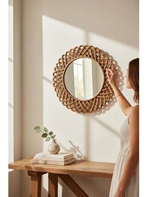 Home İnn Hasır Görünümlü Dekoratif Duvar Aynası 43 cm – Rustik & Bohem Ev Dekorasyon Aksesuarı