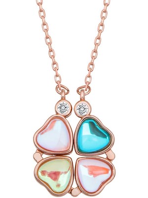 Diger KENPAZAR925 Ayar Gümüş Rose Renkli Açılabilen Yonca Kadın Gümüş Kolye