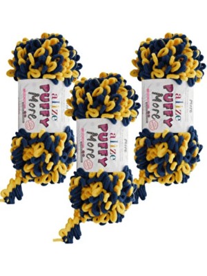 Alize Puffy More El Örgü Ipliği 3 Adet – 6631 Sarı Lacivert – Taraftar Renkleri – Battaniye, Atkı, Yelek