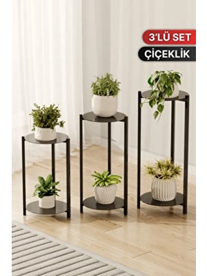 Bino Paslanmaz Metal Saksılık Çiçeklik Modern Dekoratif 3’lü Set