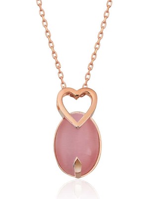 Diger KENPAZAR925 Ayar Gümüş Pembe Kedi Gözü Taşlı Kalp Kolye