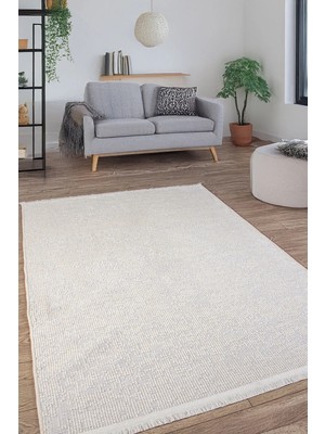 Anutya Home Krem Beyaz Şönil Makinada Yıkanabilir Kaymaz Taban  Pamuklu Halı Kilim Oturma Odası Salon Mutfak