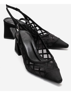 Luvi Alveron Siyah Saten File Detaylı Kadın Blok Topuklu Ayakkabı