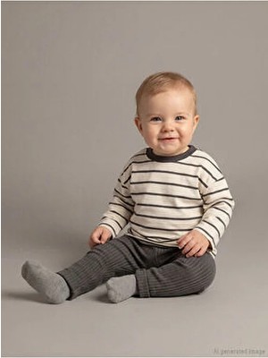 LC Waikiki Ekru Çizgili Erkek Bebek Tişört ve Pantolon 2'li