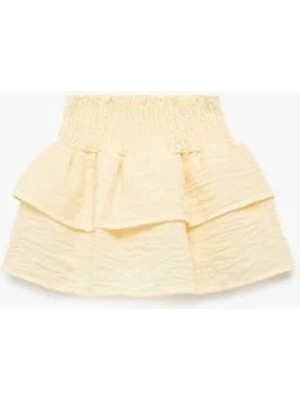 Koton Keten Görünümlü Fırfırlı Sarı Kız Bebek Etek Yüksek Bel Diz Üstü Katmanlı Tasarım