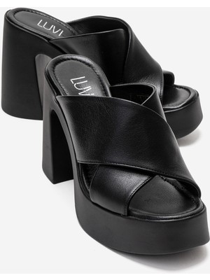 Luvi Essenza Siyah Hakiki Deri Çapraz Bantlı Kadın Platform Blok Topuklu Terlik