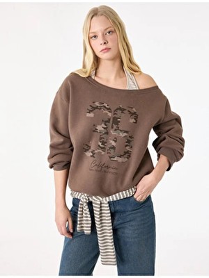 Koton Üç Iplik Şardonlu Uzun Kollu Baskılı Halter Yaka Sweatshirt