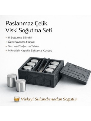 Mottopi Silindir Viski Soğutma Seti,Paslanmaz Çelik Buz Silindiri,Mıknatıs Kapaklı,Kutulu 6'lı Buz Silindiri ve Özel Maşa,Metal Buz Küpü