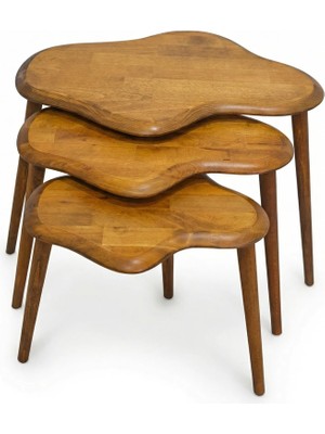 Masif Doğal Ahşap Zigon Sehpa 3'lü Set, Modern Masif Yan Sehpa