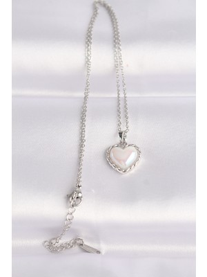 316L Çelik Zincir Gümüş Renk Beyaz Taşlı Bombeli Kalp Kolye Midastech