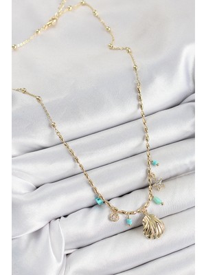 Pirinç Zirkon Taşlı Deniz Kabuğu Model Gold Renk Kadın Kolye Midastech