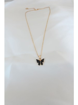 Gold Kaplama Siyah Renkli Sedefli Kelebek Kolye Midastech