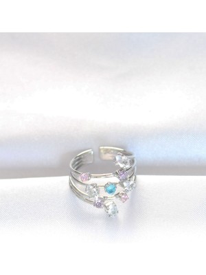 Renkli Zirkon Taşlı Silver Renk Ayarlanabilir Yüzük Midastech