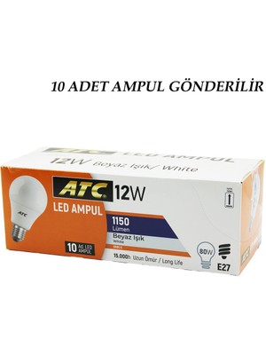 10 Adet Atc 12W=80W E27 BEYAZ=6500K LED Ampul Lamba 1150 Lümen 15.000 Saat Ömür (4887) Midastech