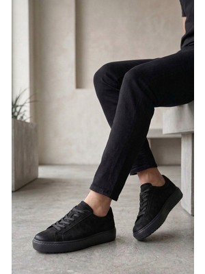 Shoetyle - Hakiki Nubuk Deri Siyah Renk Erkek Sneaker - 666-01-0346