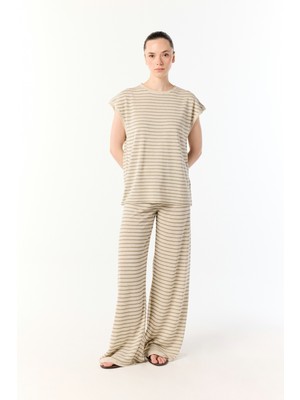 Çizgili Wıde Leg Beli Lastikli Pantolon