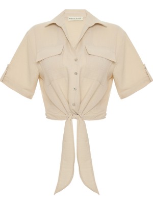 Bağlama Detaylı Kısa Kollu Crop Gömlek