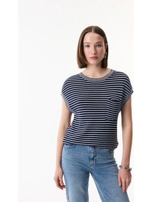 Çizgili Loose Fıt Kısa Kollu Triko Kazak